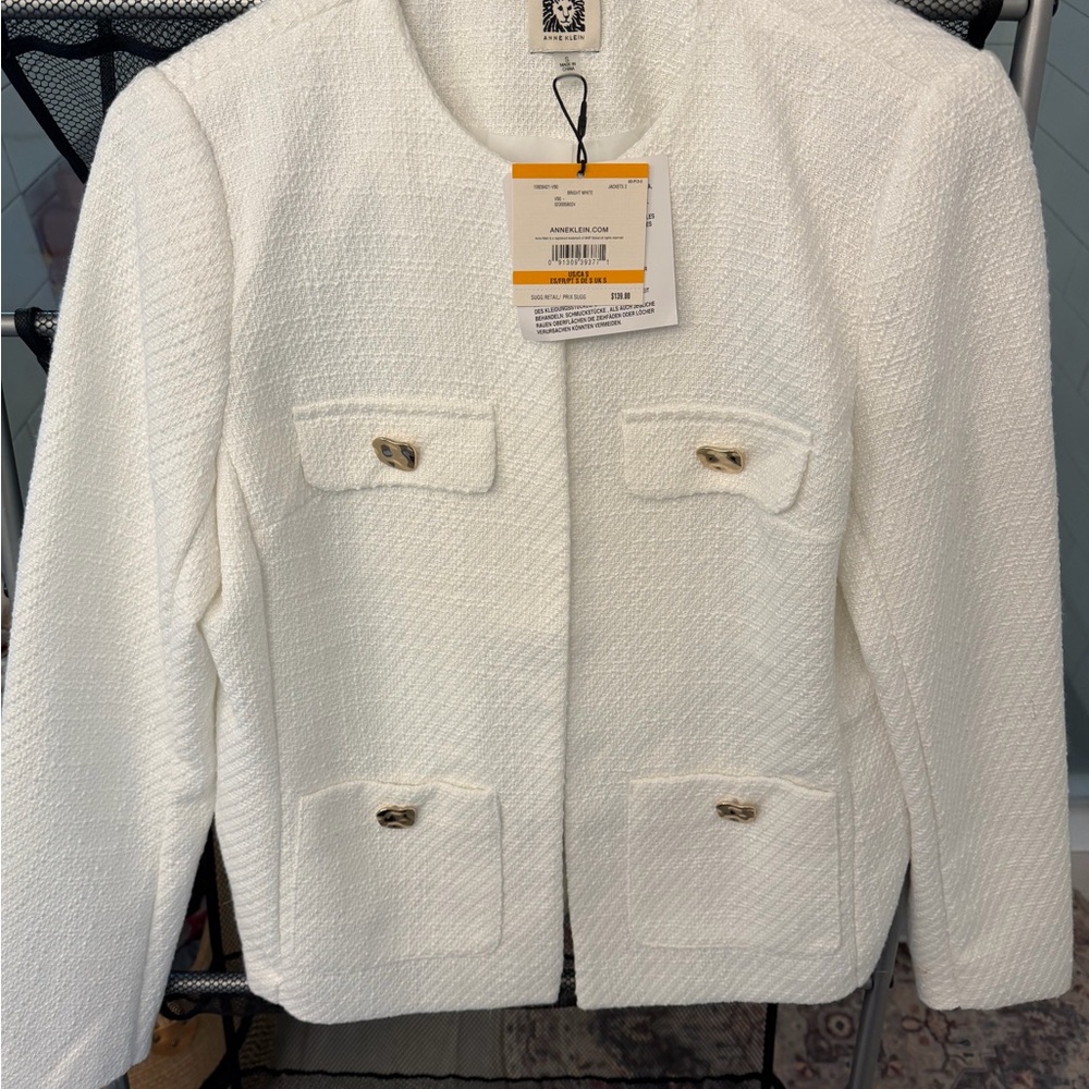 Anne Klein White Tweed Collarless Jacket with Gold Buttons